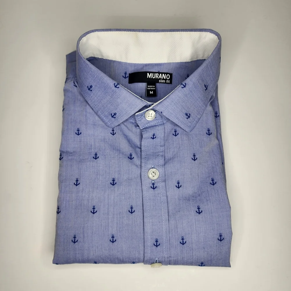 Nautical Blue Anchors Button-Up Short Sleeve‎ Casual Men's Slim M Shirt Cotton